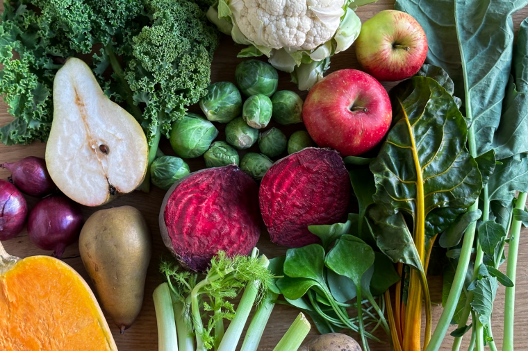 Gemüse und Obst im November wie Grünkohl, Rote Bete, Postelein und Blumenkohl